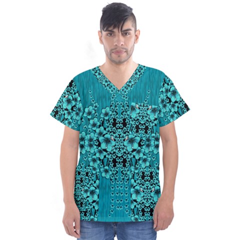 Blue Flowers So Decorative And In Perfect Harmony Men s V-neck Scrub Top by pepitasart