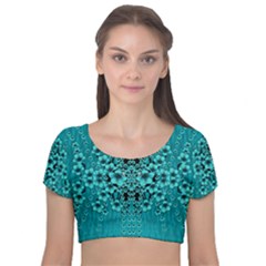 Blue Flowers So Decorative And In Perfect Harmony Velvet Short Sleeve Crop Top  by pepitasart