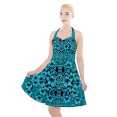 Blue Flowers So Decorative And In Perfect Harmony Halter Party Swing Dress  by pepitasart