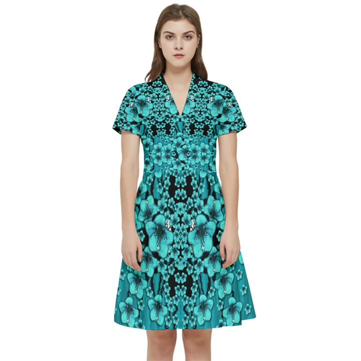 Blue Flowers So Decorative And In Perfect Harmony Short Sleeve Waist Detail Dress