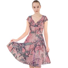 Botanic Grunge Motif Artwork Cap Sleeve Front Wrap Midi Dress