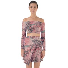 Botanic Grunge Motif Artwork Off Shoulder Top With Skirt Set