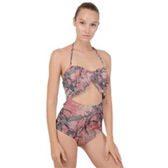 Botanic Grunge Motif Artwork Scallop Top Cut Out Swimsuit