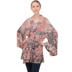 Botanic Grunge Motif Artwork Long Sleeve Velvet Kimono 