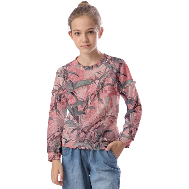 Botanic Grunge Motif Artwork Kids  Long Sleeve Tee with Frill 