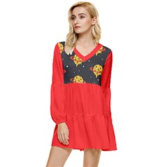 Pizza Planets Tiered Long Sleeve Mini Dress