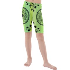 Green Grid Cute Flower Mandala Kids  Mid Length Swim Shorts