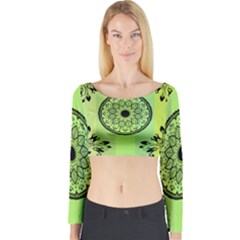 Green Grid Cute Flower Mandala Long Sleeve Crop Top by Magicworlddreamarts1