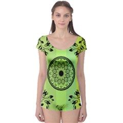 Green Grid Cute Flower Mandala Boyleg Leotard  by Magicworlddreamarts1