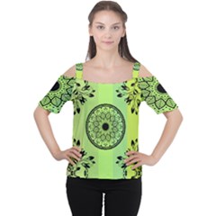 Green Grid Cute Flower Mandala Cutout Shoulder Tee