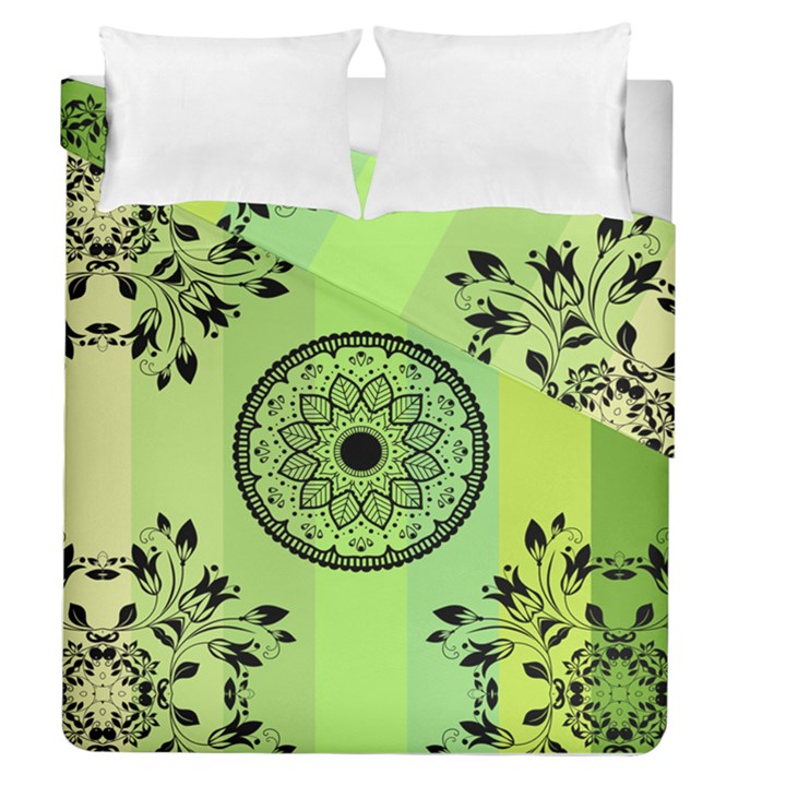 Green Grid Cute Flower Mandala Duvet Cover Double Side (Queen Size)