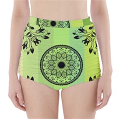 Green Grid Cute Flower Mandala High-Waisted Bikini Bottoms