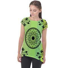 Green Grid Cute Flower Mandala Cap Sleeve High Low Top