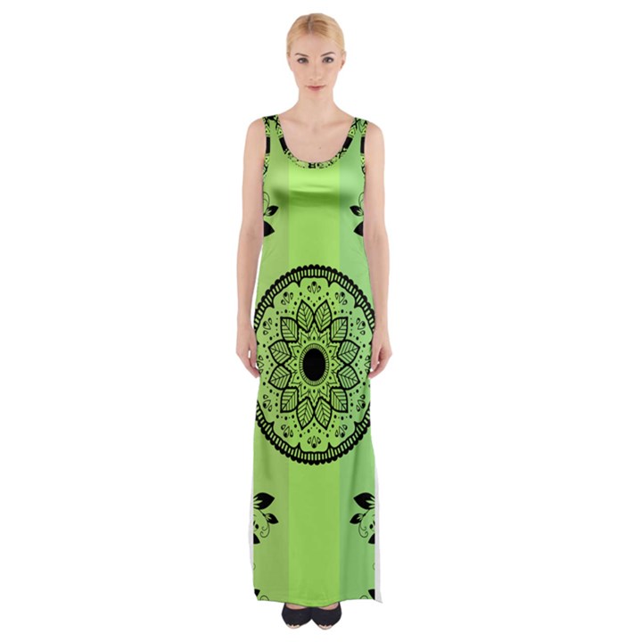 Green Grid Cute Flower Mandala Thigh Split Maxi Dress