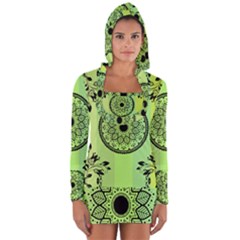 Green Grid Cute Flower Mandala Long Sleeve Hooded T-shirt