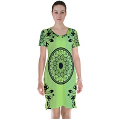 Green Grid Cute Flower Mandala Short Sleeve Nightdress