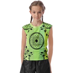 Green Grid Cute Flower Mandala Kids  Raglan Cap Sleeve Tee