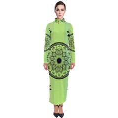 Green Grid Cute Flower Mandala Turtleneck Maxi Dress