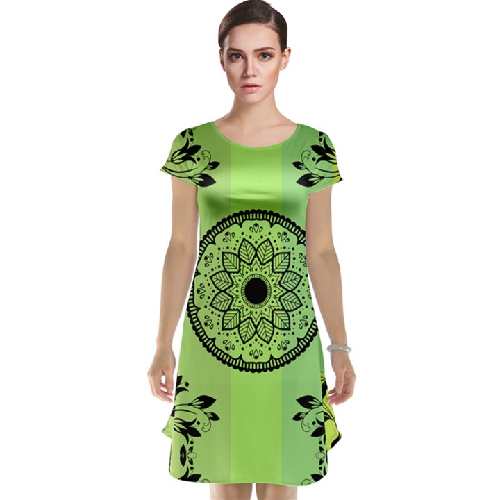 Green Grid Cute Flower Mandala Cap Sleeve Nightdress