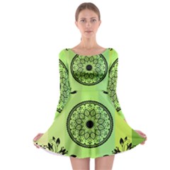 Green Grid Cute Flower Mandala Long Sleeve Skater Dress by Magicworlddreamarts1