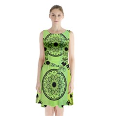 Green Grid Cute Flower Mandala Sleeveless Waist Tie Chiffon Dress