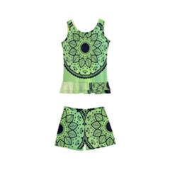 Green Grid Cute Flower Mandala Kids  Boyleg Swimsuit by Magicworlddreamarts1