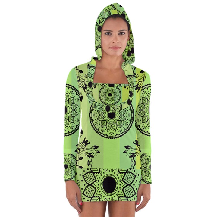 Green Grid Cute Flower Mandala Long Sleeve Hooded T-shirt