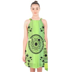 Green Grid Cute Flower Mandala Halter Collar Waist Tie Chiffon Dress