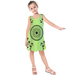 Green Grid Cute Flower Mandala Kids  Sleeveless Dress