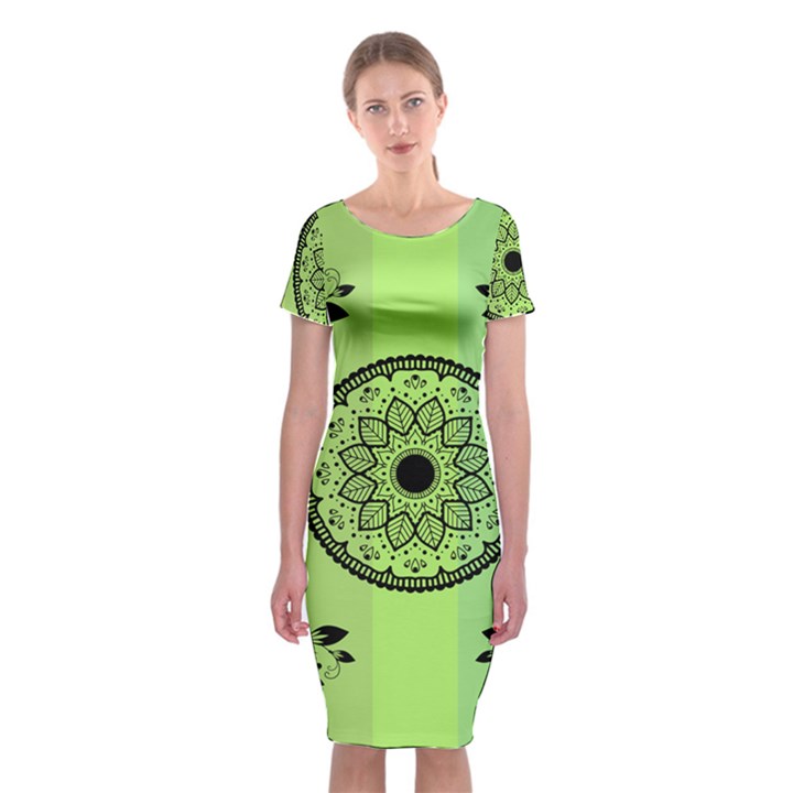 Green Grid Cute Flower Mandala Classic Short Sleeve Midi Dress