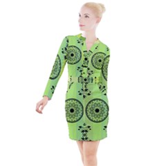 Green Grid Cute Flower Mandala Button Long Sleeve Dress