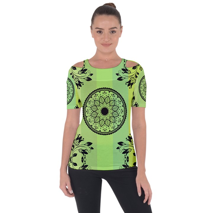 Green Grid Cute Flower Mandala Shoulder Cut Out Short Sleeve Top