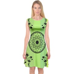 Green Grid Cute Flower Mandala Capsleeve Midi Dress by Magicworlddreamarts1