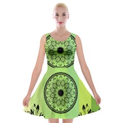 Green Grid Cute Flower Mandala Velvet Skater Dress by Magicworlddreamarts1