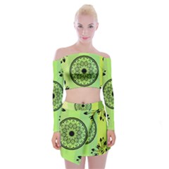 Green Grid Cute Flower Mandala Off Shoulder Top with Mini Skirt Set