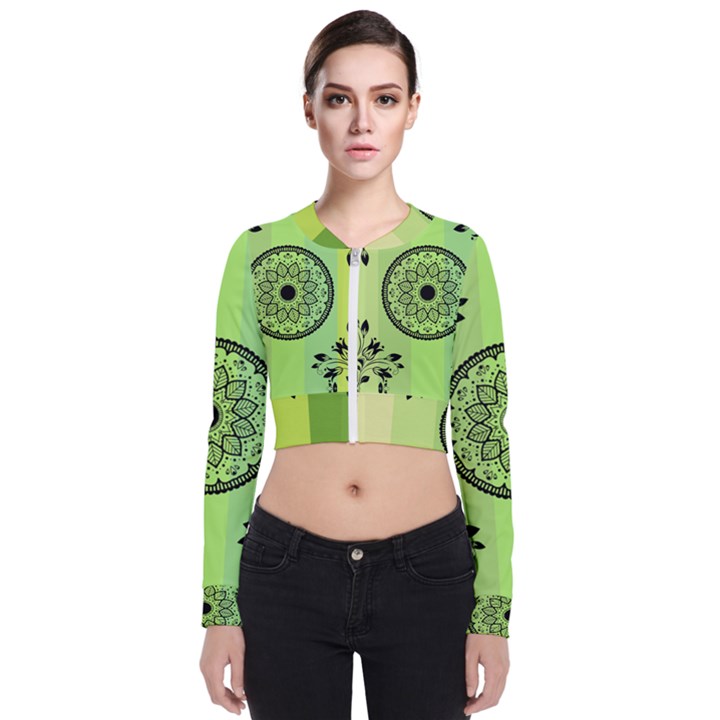 Green Grid Cute Flower Mandala Long Sleeve Zip Up Bomber Jacket