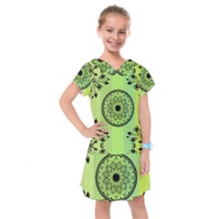 Green Grid Cute Flower Mandala Kids  Drop Waist Dress by Magicworlddreamarts1