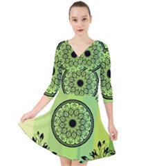 Green Grid Cute Flower Mandala Quarter Sleeve Front Wrap Dress by Magicworlddreamarts1