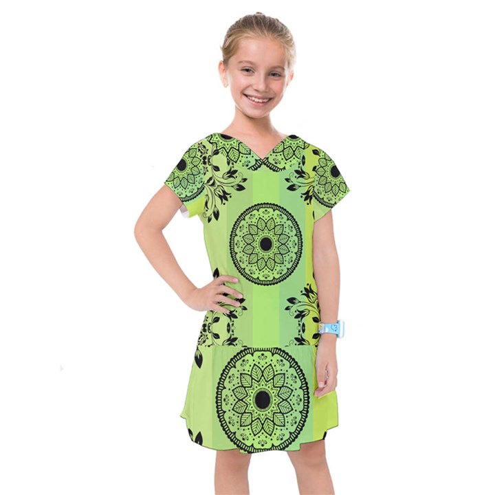 Green Grid Cute Flower Mandala Kids  Drop Waist Dress