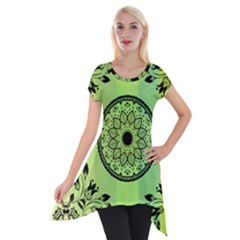 Green Grid Cute Flower Mandala Short Sleeve Side Drop Tunic by Magicworlddreamarts1