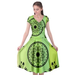 Green Grid Cute Flower Mandala Cap Sleeve Wrap Front Dress