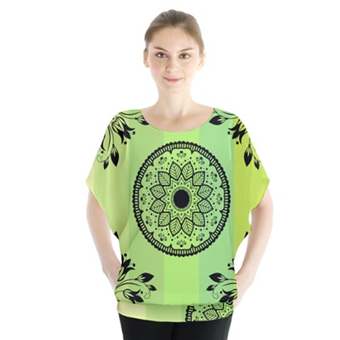 Green Grid Cute Flower Mandala Batwing Chiffon Blouse by Magicworlddreamarts1