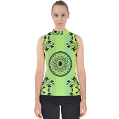 Green Grid Cute Flower Mandala Mock Neck Shell Top