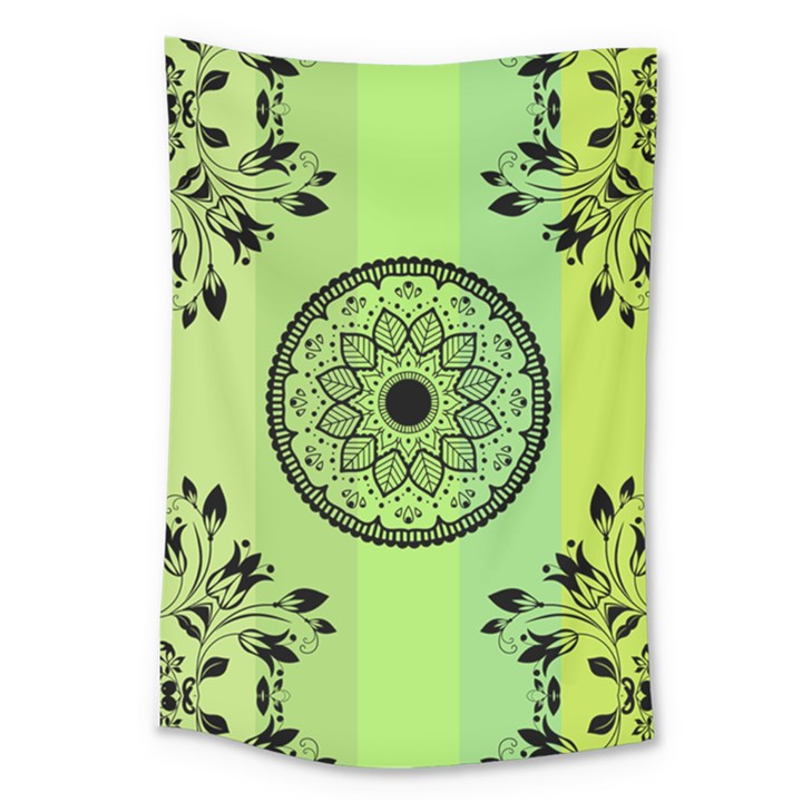 Green Grid Cute Flower Mandala Large Tapestry