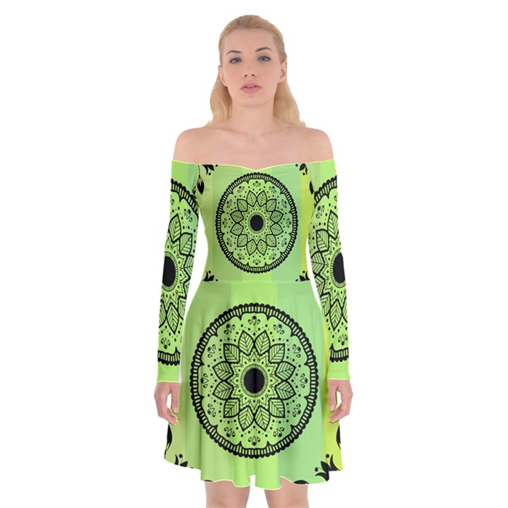 Green Grid Cute Flower Mandala Off Shoulder Skater Dress