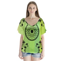 Green Grid Cute Flower Mandala V-neck Flutter Sleeve Top by Magicworlddreamarts1