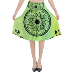 Green Grid Cute Flower Mandala Flared Midi Skirt by Magicworlddreamarts1