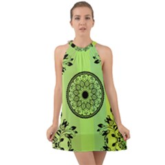 Green Grid Cute Flower Mandala Halter Tie Back Chiffon Dress