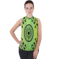 Green Grid Cute Flower Mandala Mock Neck Chiffon Sleeveless Top by Magicworlddreamarts1