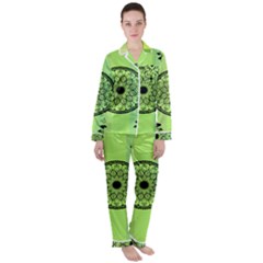 Green Grid Cute Flower Mandala Satin Long Sleeve Pajamas Set